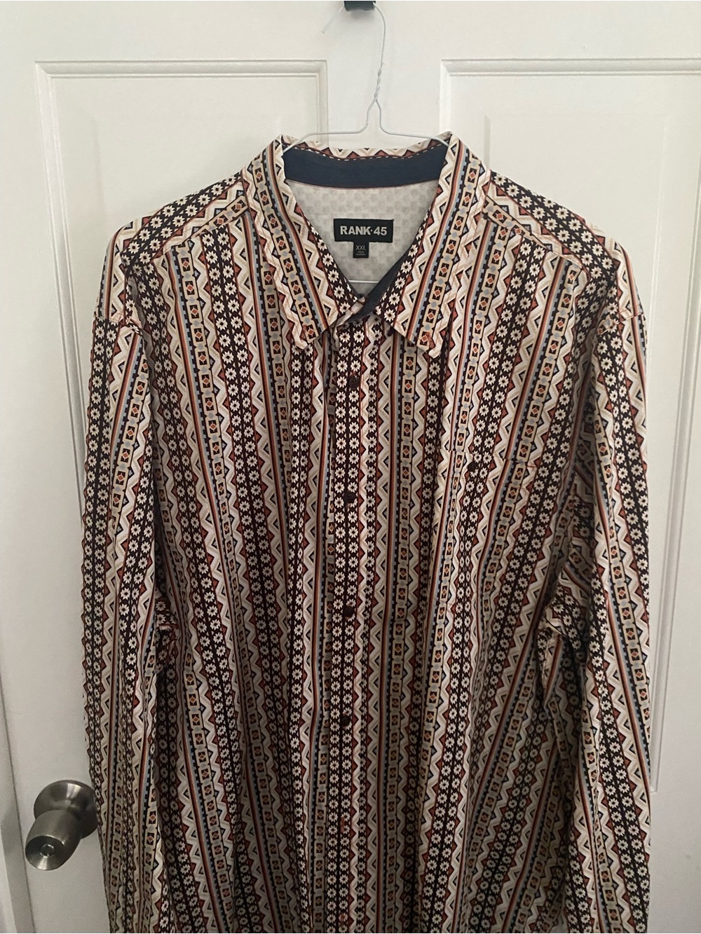 RANK-45 Men's Casual Button-Down Shirt - Brown & Cream Geo Stripe